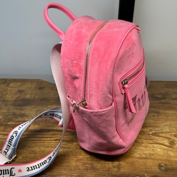 Juicy Couture Pink Velour Mini Backpack Rhinestone Logo Webbed Straps Y2K Style - Picture 3 of 11
